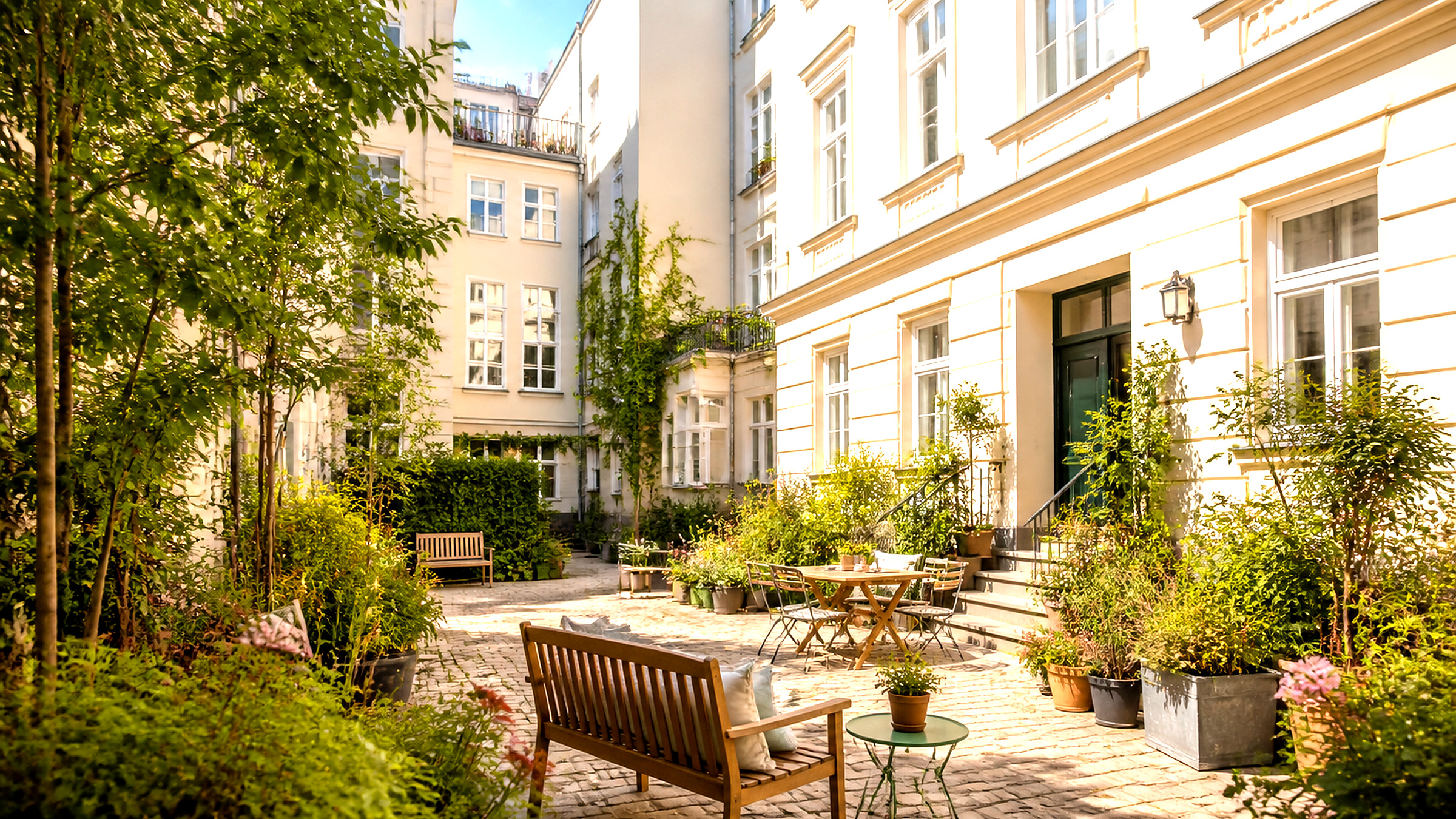 Ruhiger heller Wiener Innenhof mit Sitzgelegenheiten und Wohnhäusern